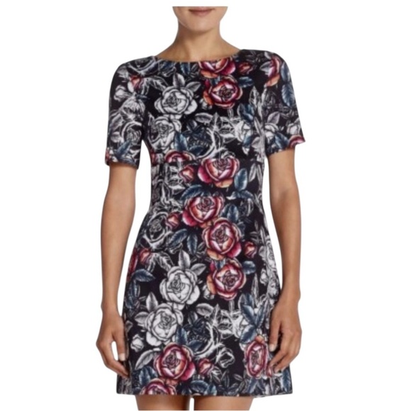 French Connection Rose Print Black/Multicolor Sheath Mini Dress Size 10/Large - Picture 2 of 7